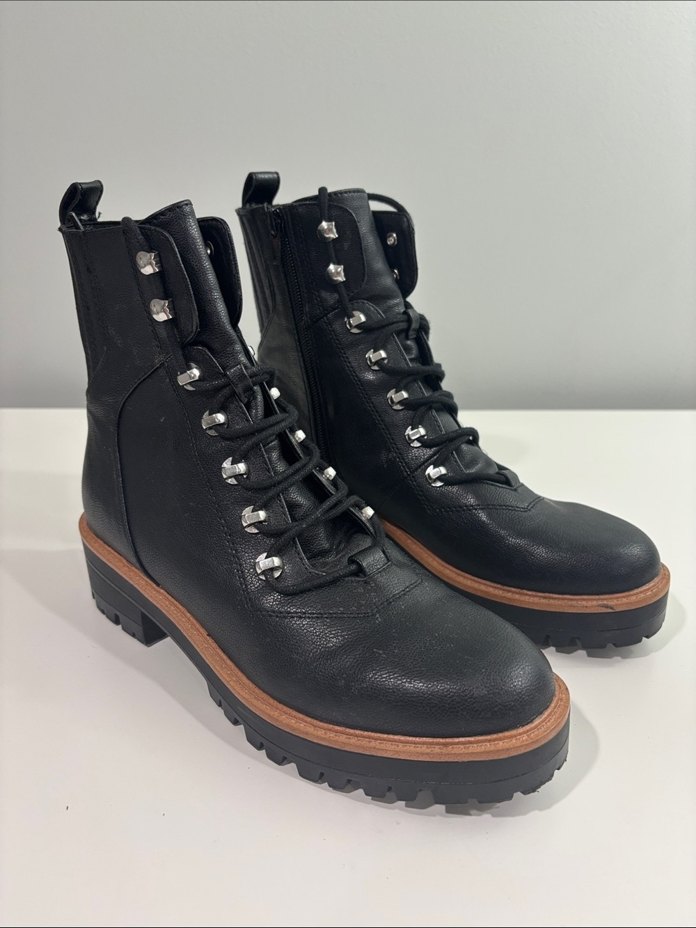 Nine West Black Leather Combat Boots with Brown Welt